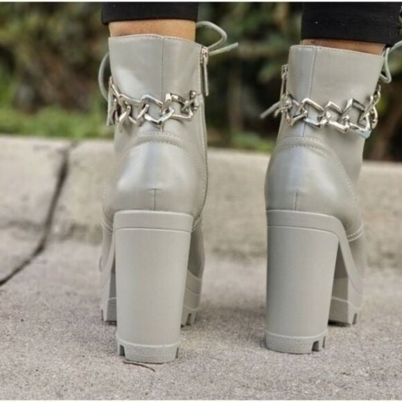 Women's Platform Heel Boots Chunky Ankle Lace Up Olive Color - Picture 6 of 6